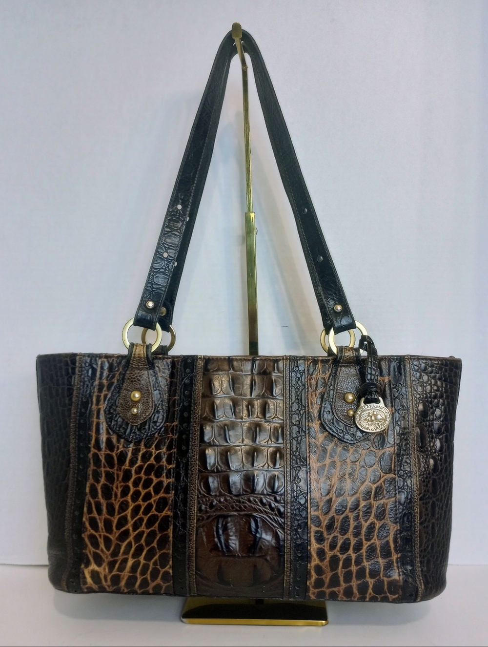 Brahmin Tri Color Croc And Snake Embossed Leather Tote Bag, Brown And Black